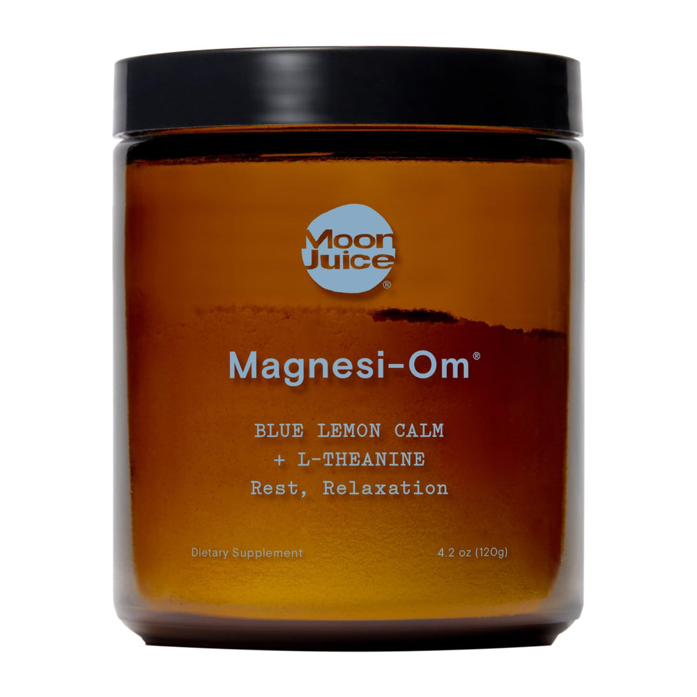 Moon Juice empaque frontal Magnesi-Om mostrando etiqueta y beneficio de relajación