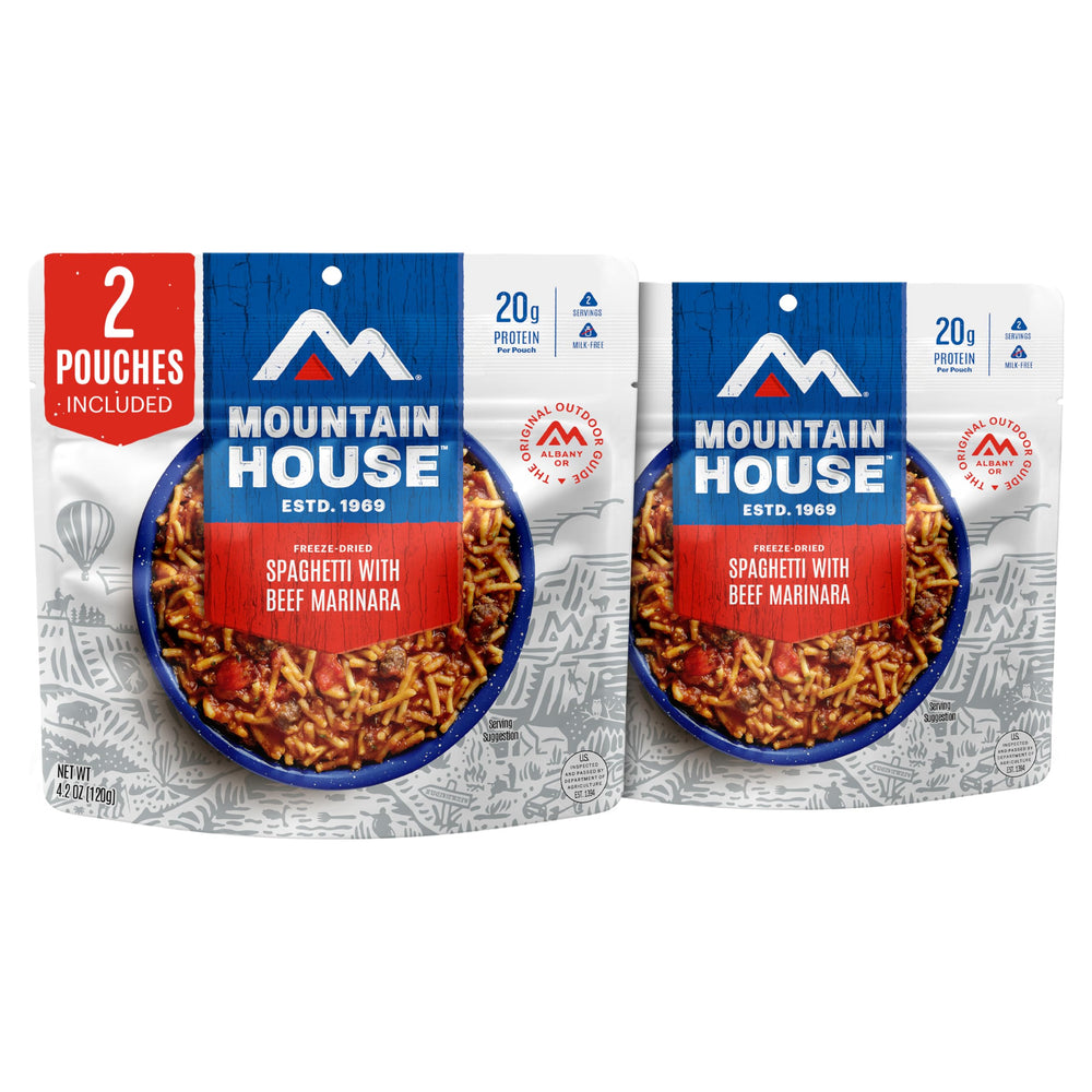 Mountain House paquete frontal de Spaghetti with Beef Marinara mostrando diseño y conveniencia