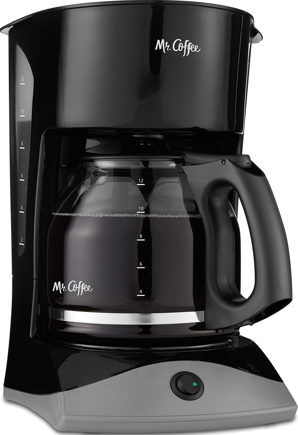 Mr. Coffee vista frontal negro con jarra de vidrio y placa caliente, práctica para casa