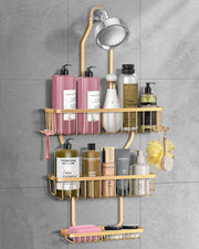 MSAICOE front view of over-showerhead caddy showing organized bottles benefit tidy storage