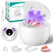 MUAYSY front view of white ultrasonic retainer cleaner showing compact design and benefit of space-saving