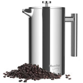 Mueller stainless steel french press front view showing sleek carafe and lid for durable travel brewing