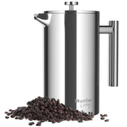 Mueller stainless steel french press front view showing sleek carafe and lid for durable travel brewing