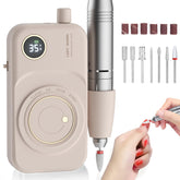 mUGLE portable nail drill front view showing pink cordless unit and base, highlights portability