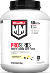 Muscle Milk envase frontal Intense Vanilla mostrando tamaño y beneficios