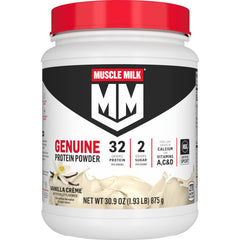 Muscle Milk envase frontal Vainilla Crème mostrando beneficios proteicos