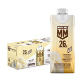 Muscle Milk vista frontal del cartón mostrando el sabor Vainilla Crème y conveniencia