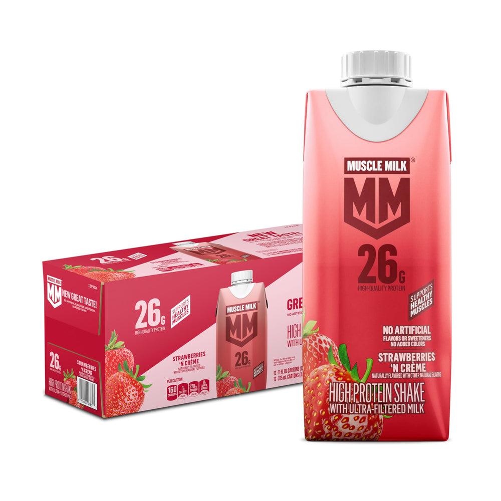 Muscle Milk frente del cartón fresa mostrando diseño y porción lista para beber