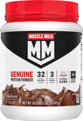 Muscle Milk envase frente mostrando tamaño y sabor chocolate, confianza en la calidad