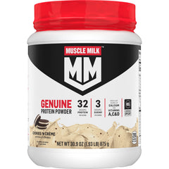 Muscle Milk vista frontal del envase mostrando sabor cookies 'n crème y beneficios