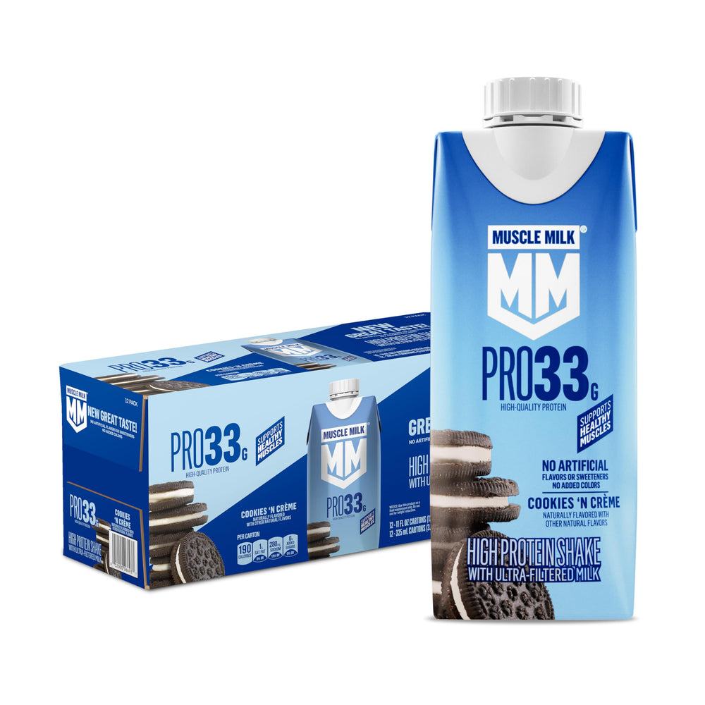 Muscle Milk pack frontal mostrando 12 cartones, conveniencia instantánea