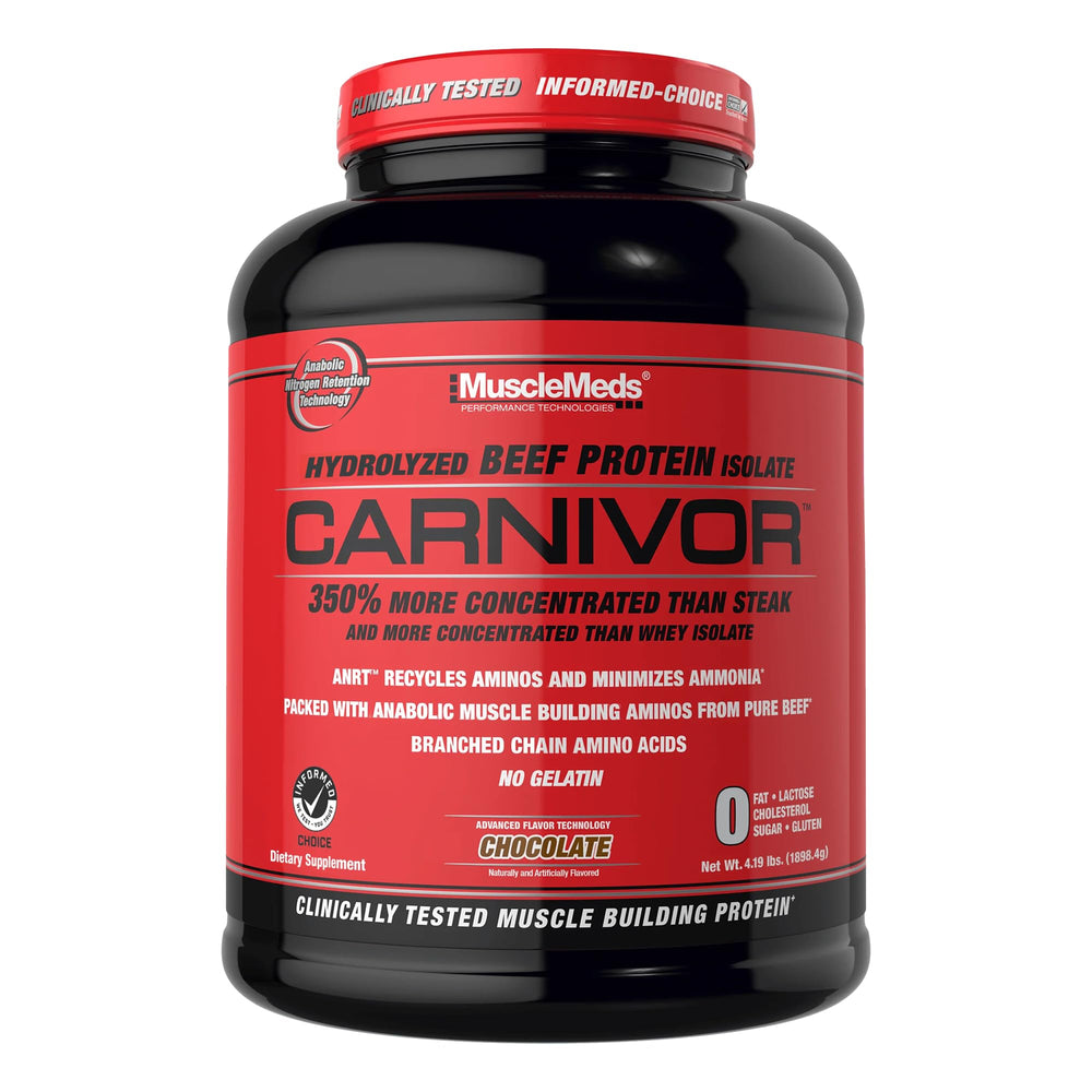MuscleMeds CARNIVOR frente del empaque mostrando etiqueta y beneficio proteína pura