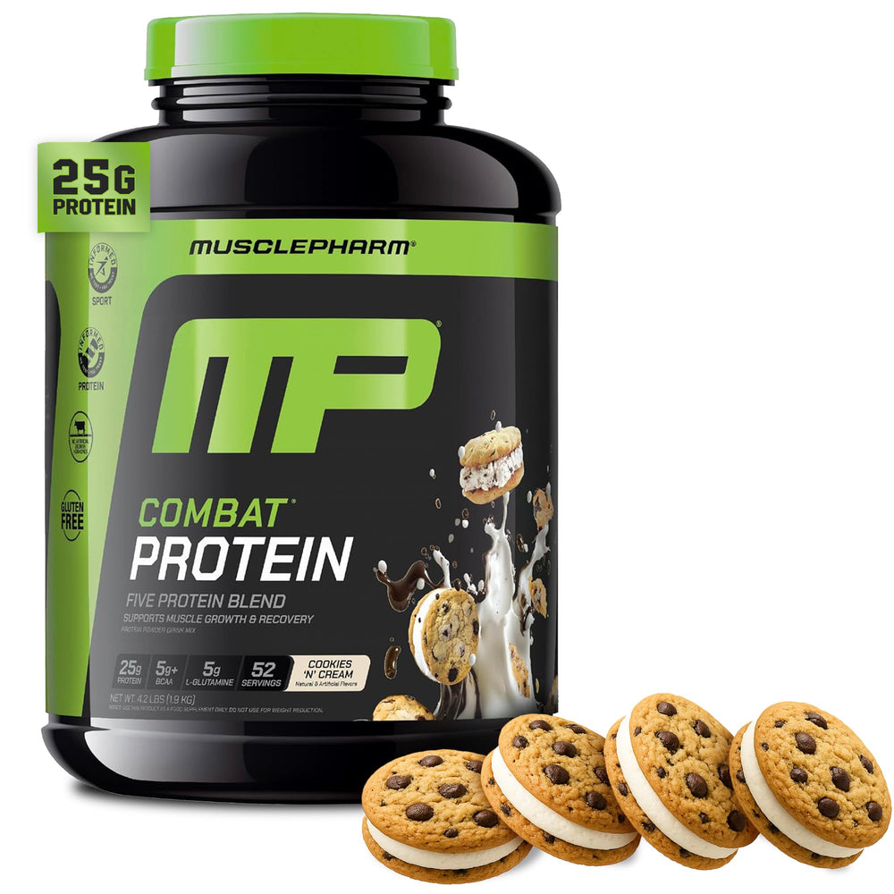 MusclePharm envase frontal Cookies ‘N’ Cream mostrando etiqueta y tamaño