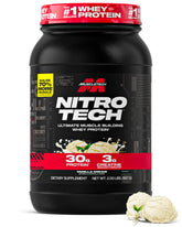 MuscleTech Nitro-Tech frente del envase mostrando el tamaño y sabor Vanilla Cream
