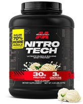 MuscleTech Nitro-Tech tub front view showing product branding and size, showcasing convenience
