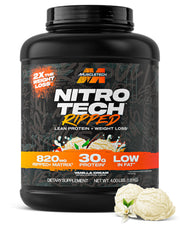 MuscleTech Nitro-Tech Ripped front tub showing Vanilla Cream branding and servings benefit