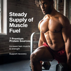 Muscletech tarro abierto mostrando el polvo y la etiqueta informativa