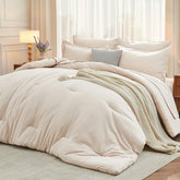 MUXHOMO front view of beige comforter set showing full bed coverage and neat styling
