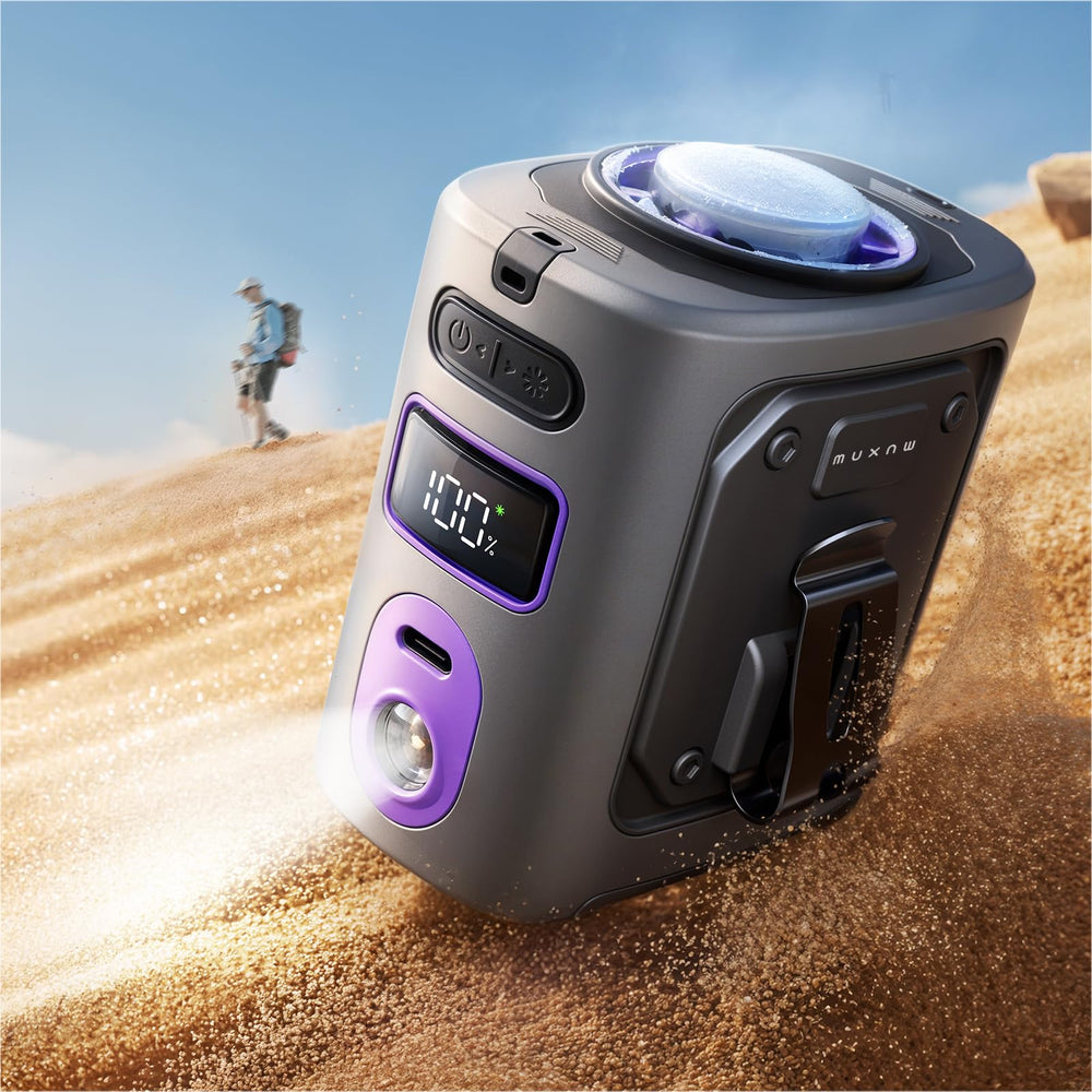 MUXNW clip-on waist fan front view showing airflow and clip benefits