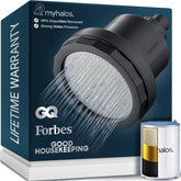 myhalos black shower head front view showing sleek finish and easy upgrade