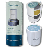 myhalos front packaging showing two cartridges and clear benefit of cleaner water
