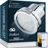 myhalos front view chrome shower head showing sleek finish and consistent spray benefit