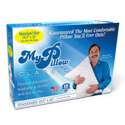 MyPillow front view showing pillow and packaging, brand comfort visible