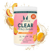 Myprotein front pack showing Peach Mango flavor and serving benefits