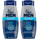 Nair Men envase frontal pack de 2 mostrando tamaño y uso corporal