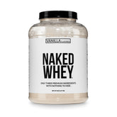 NAKED frente del envase mostrando 5 lb y vainilla, confianza transparente