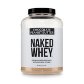 NAKED front packaging of Chocolate Peanut Butter whey showing clean ingredients and benefits