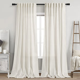 Nanspring front view of two cream linen curtain panels showing width and length benefit