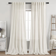 Nanspring front view of two cream linen curtain panels showing width and length benefit