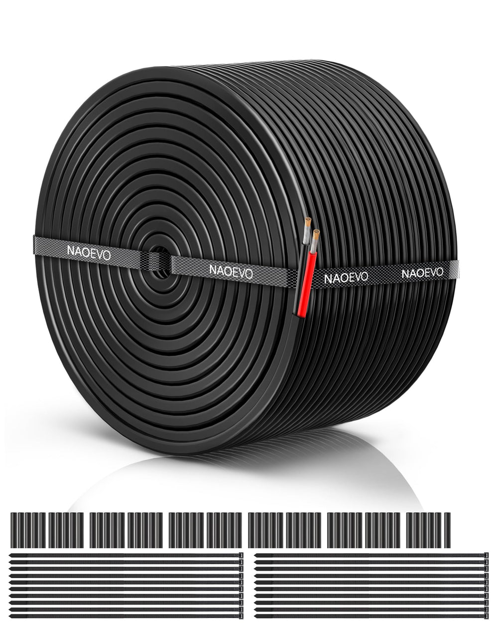 NAOEVO rollo de cable 18 AWG frontal mostrando longitud y color, fiabilidad