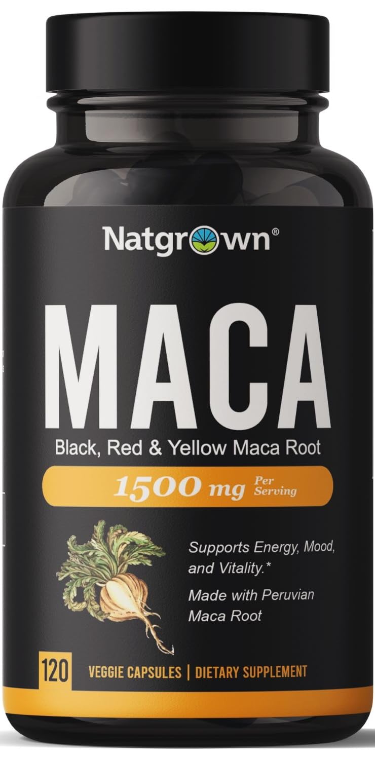 Natgrown frasco delantero de maca 120 ct mostrando presentación clara