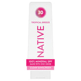 Native envase frontal Tropical Breeze mostrando diseño y beneficio de SPF 30