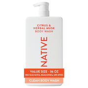 Native gel de ducha frente mostrando etiqueta y tamaño 36 oz para ahorro familiar