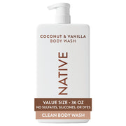 Native gel de ducha vista frontal con bomba, presenta formato ahorro 36 oz