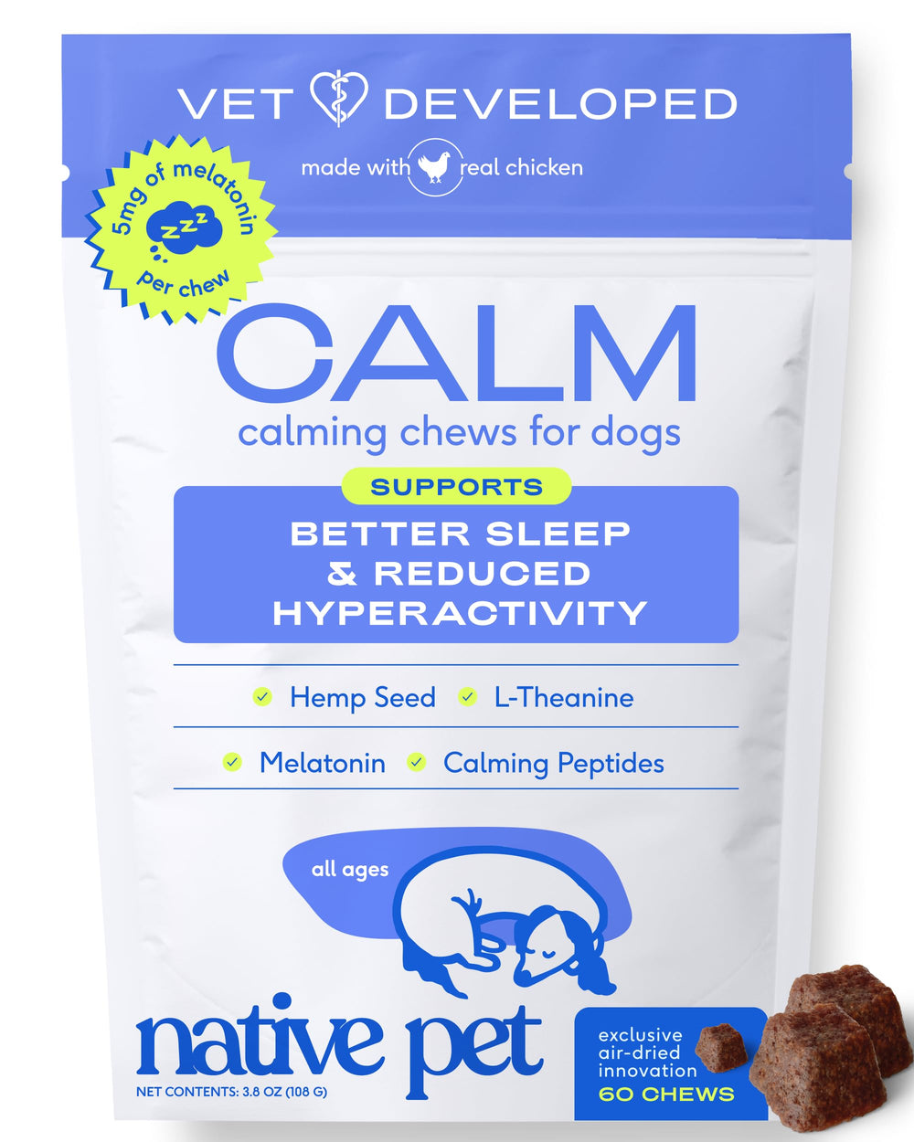 Native Pet paquete frontal mostrando masticables calmantes y beneficio de tranquilidad