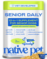 Native Pet front packaging showing senior multivitamin powder and benefits