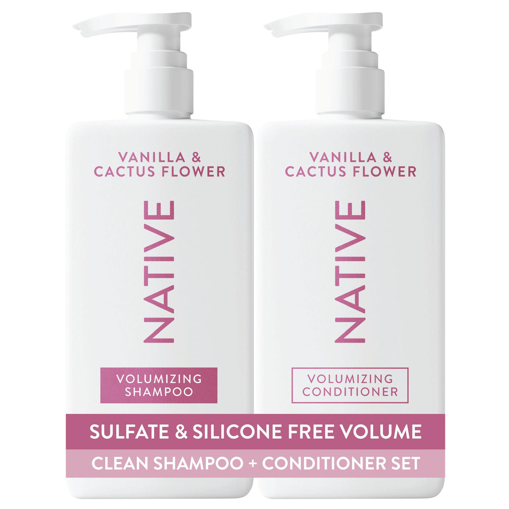 Native pack frontal mostrando champú y acondicionador para volumen natural