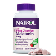 Natrol envase frontal de Melatonin 5 mg mostrando la presentación y beneficios