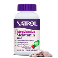 Natrol envase frontal de Melatonin 5 mg mostrando la presentación y beneficios
