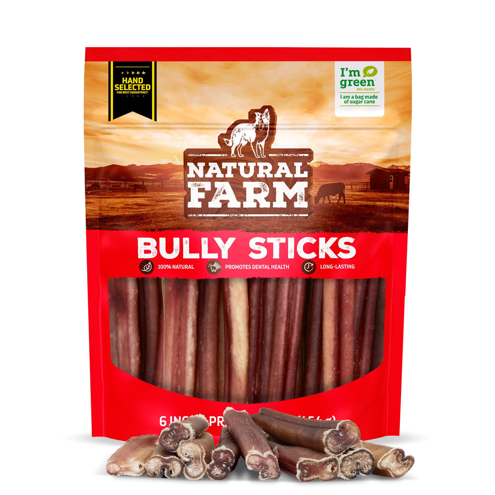 Natural Farm bag front view showing pack of 12 odor-free bully sticks and benefits