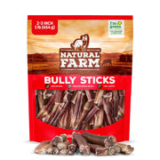Natural Farm front packaging showing 1 lb bag and 12 odor-free bully sticks benefit convenient storage