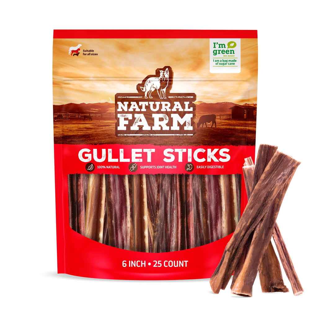 Natural Farm paquete frontal de Gullet Sticks mostrando formato y cantidad beneficios claros