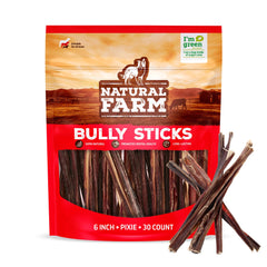 Natural Farm front packaging showing 30-pack pixie bully sticks and benefits