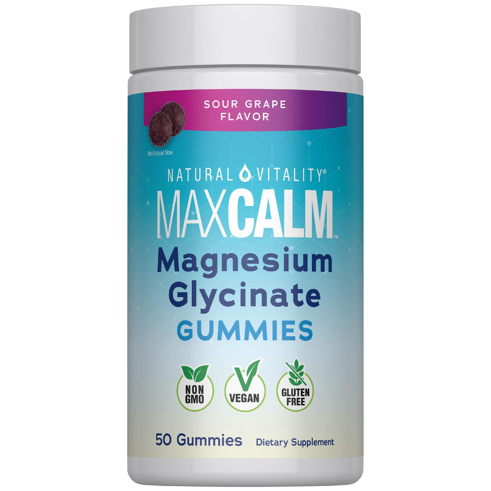 Natural Vitality frasco frontal de CALM Gummies uva ácida, ventaja conveniencia