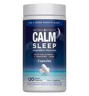 Natural Vitality frasco Calm Sleep mostrando etiqueta y beneficios