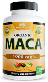 NaturaLife Labs frasco frontal de maca triple mezcla destacando 150 cápsulas y etiqueta clara